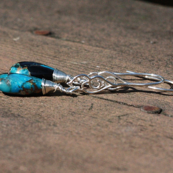 Handcrafted Natural Obsidian Turquoise Earrings Sterling Silver - Picture 3 of 7